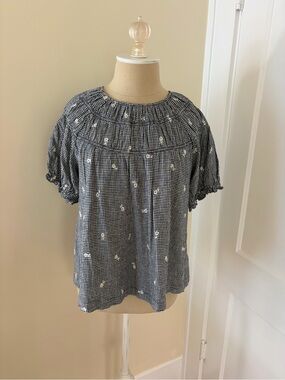 Madewell Navy & White Gingham Smocked Short Sleeve Blouse